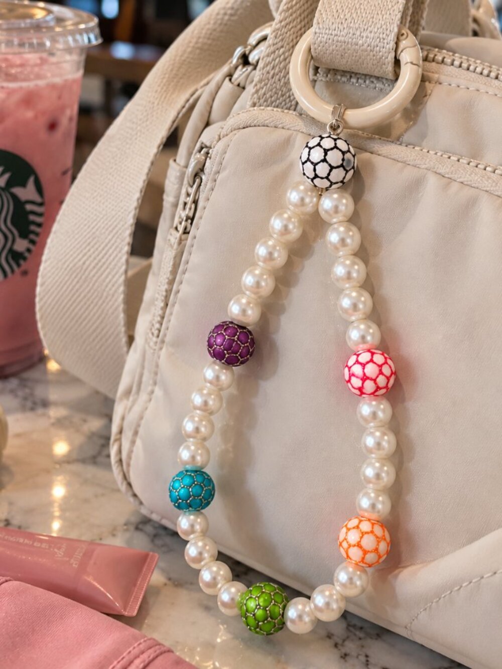 Pearl Bag Charm with Colorful Soccer Ball Beads